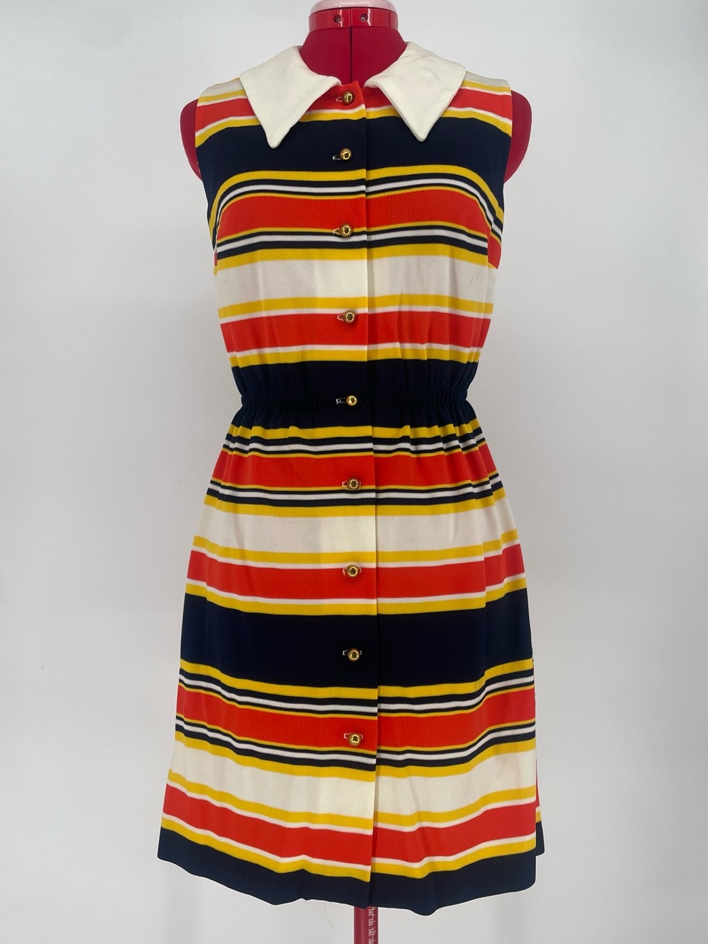 60s 70s Striped Vibrant / Primary Colors Sleeveless Collared Shirt Dress